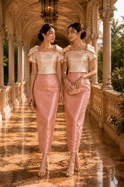 *PREMIUM* Golden Era Metallic Pink Songket Set