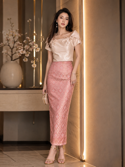 *PREMIUM* Golden Era Metallic Pink Songket Set