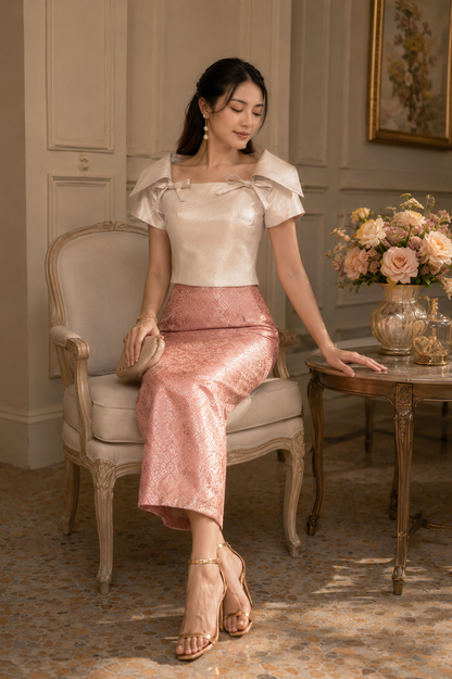 *PREMIUM* Golden Era Metallic Pink Songket Set
