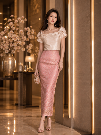 *PREMIUM* Golden Era Metallic Pink Songket Set