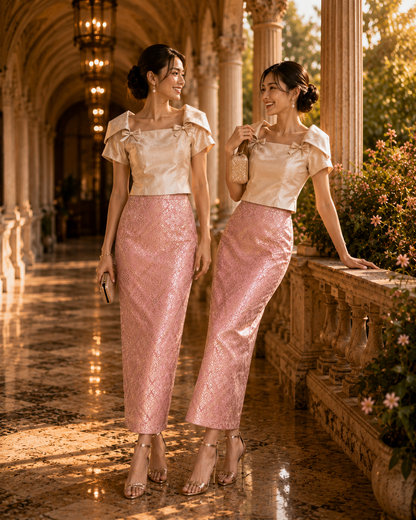*PREMIUM* Golden Era Metallic Pink Songket Set