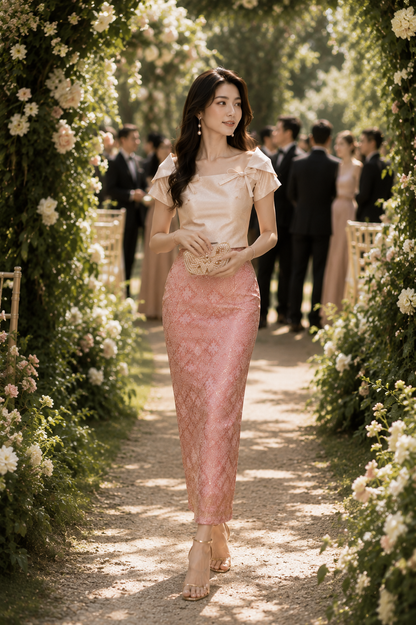 *PREMIUM* Golden Era Metallic Pink Songket Set